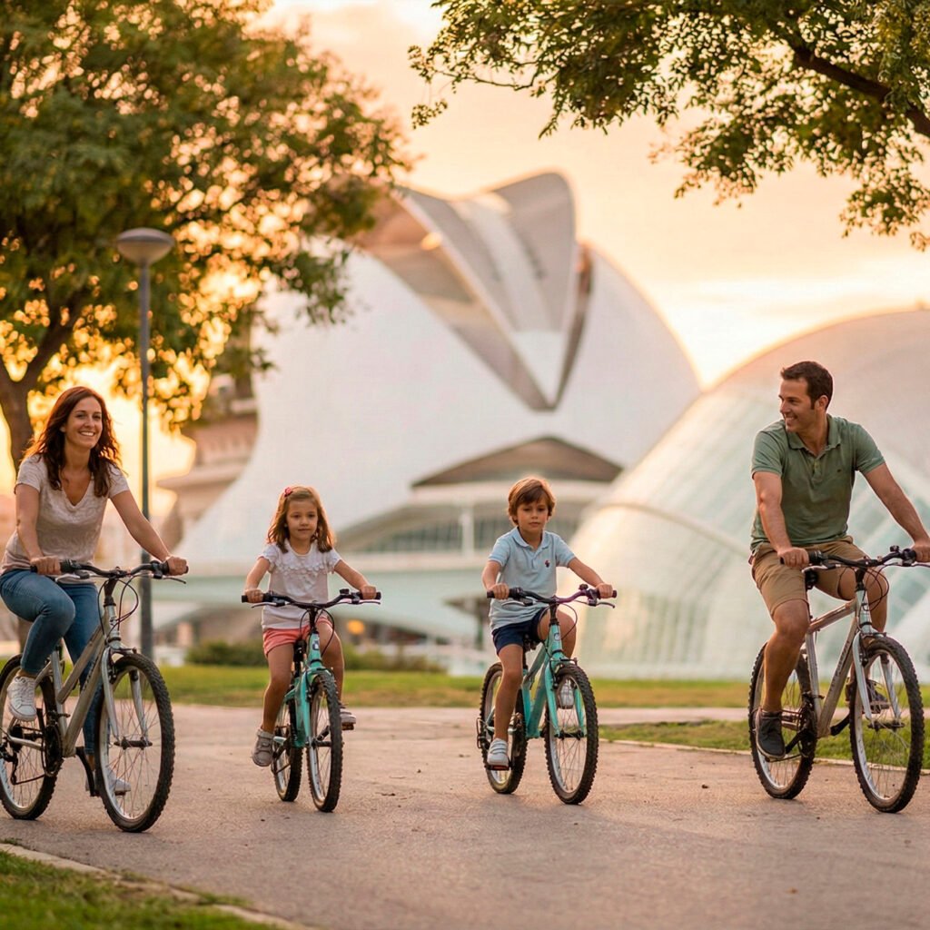 Familia paseando en bicicleta por el Jardín del Turia con la Ciudad de las Artes de fondo. Mejores zonas para vivir en Valencia con niños.